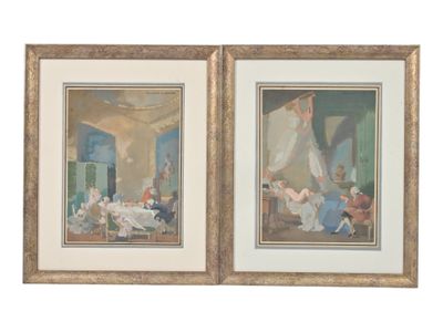 two framed paintings of a couple of people in a living room