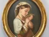 painting of a young girl holding a bird in her hand