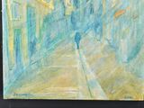 a painting of a person walking down the street