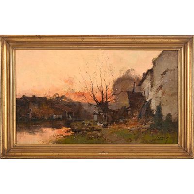 une image d'un tableau représentant un village au bord d'une rivière