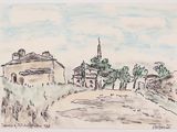 dessin représentant un village avec une église et des arbres en arrière-plan