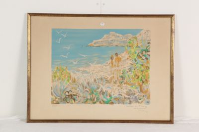 tableau représentant une vue de plage avec des mouettes volant au-dessus de l'eau