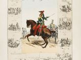an illustration of a man riding a horse with a sword in his hand