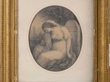 an old picture of a woman sitting in a chair with her head on a pillow