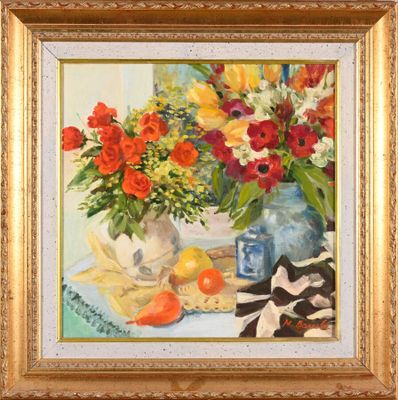 an oil painting of a vase of flowers and fruit on a table