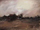 une peinture à l'huile représentant un paysage aux tons bruns et blancs, avec un ciel en arrière-plan