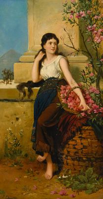 tableau représentant une femme assise sur un rebord, avec un panier de fleurs
