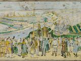 an image of a painting of a group of people standing in front of a river