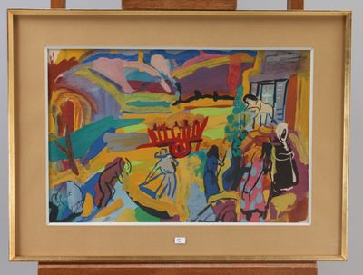 une peinture représentant un homme à cheval dans un champ
