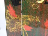 a three panel screen with a painting of animals on it
