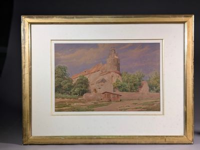 painting of a church in a field with trees in the background