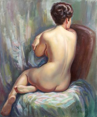une peinture à l'huile représentant une femme nue assise sur une chaise
