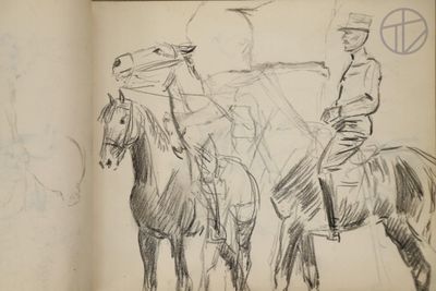 drawing of two men riding on horses in a drawing book