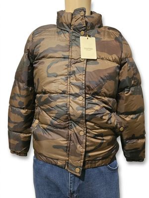 jacket with a camouflage print on the front and a tag on the back