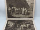 un vieux livre contenant deux illustrations représentant des hommes et des chevaux dans une grange