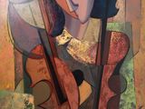 peinture abstraite représentant une femme jouant du violon dans une pièce