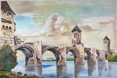 Ecole Française XX° Le pont Valentré à Cahors Huile sur toil…