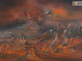 an oil painting of a desert scene with a lot of animals
