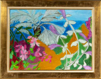une peinture à l'huile représentant des fleurs et un papillon, dans un cadre doré
