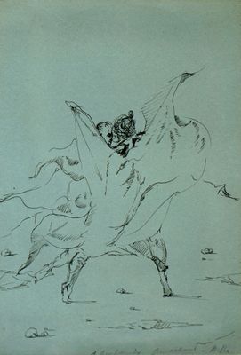 dessin représentant un homme à cheval avec une femme sur le dos