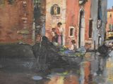 a painting of a woman sitting on a boat in the water