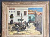 une peinture représentant une calèche devant un bâtiment