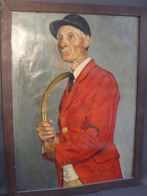 painting of a man in a red jacket and hat holding a saxophone