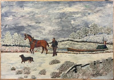 un tableau représentant deux chevaux tirant un traîneau sur lequel se trouvent un homme et un chien