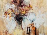an oil painting of a vase of flowers and a lamp on a table