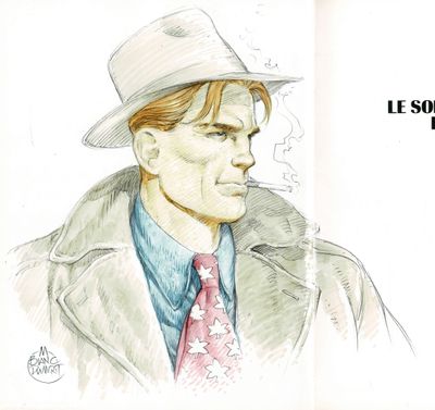 dessin représentant un homme portant un chapeau et un manteau, une cigarette à la bouche