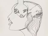 a drawing of a woman with a bird on her head