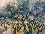 an oil painting of an olive tree in the middle of a field