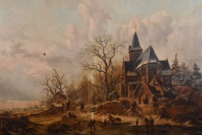 painting of a winter landscape with a church in the foreground