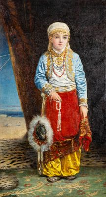 une image représentant un tableau d'une jeune fille en robe rouge
