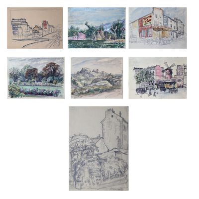 plusieurs croquis de bâtiments et d'une tour horloge dans une rue de la ville