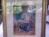 a picture of a woman sitting at a table with a cat