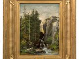 a painting of a waterfall in a forest with trees and rocks
