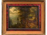 a painting of a wooded landscape with a deer in the foreground