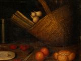 a painting of a basket of fruit and vegetables on a table