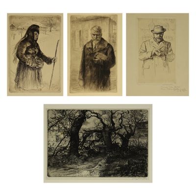une série de quatre dessins représentant des hommes en chapeau et manteau