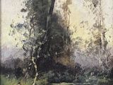 une image d'une peinture représentant une rivière dans une zone boisée