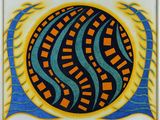 une peinture abstraite représentant un cercle orné de rayures bleues, orange et jaunes