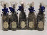 six bottles of wine wrapped in plastic with blue ribbons