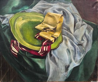 une peinture représentant une assiette sur laquelle sont posés un couteau et une fourchette
