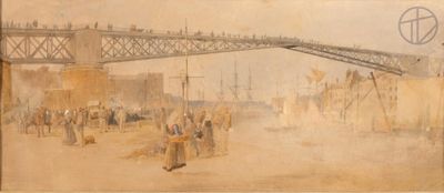 painting of a painting of a bridge over a river with people walking on it