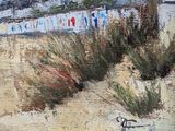a painting of a beach scene with a bike in the foreground