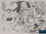 drawing of a group of people sitting on a beach next to a building