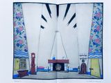 an open book with a drawing of a room with a clock