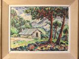 an image of a painting of a house and trees in a field