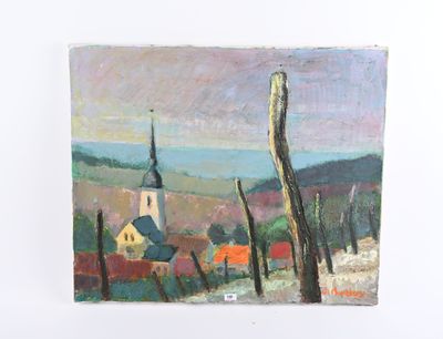 une peinture à l'huile représentant une église dans un cadre rural, avec une clôture